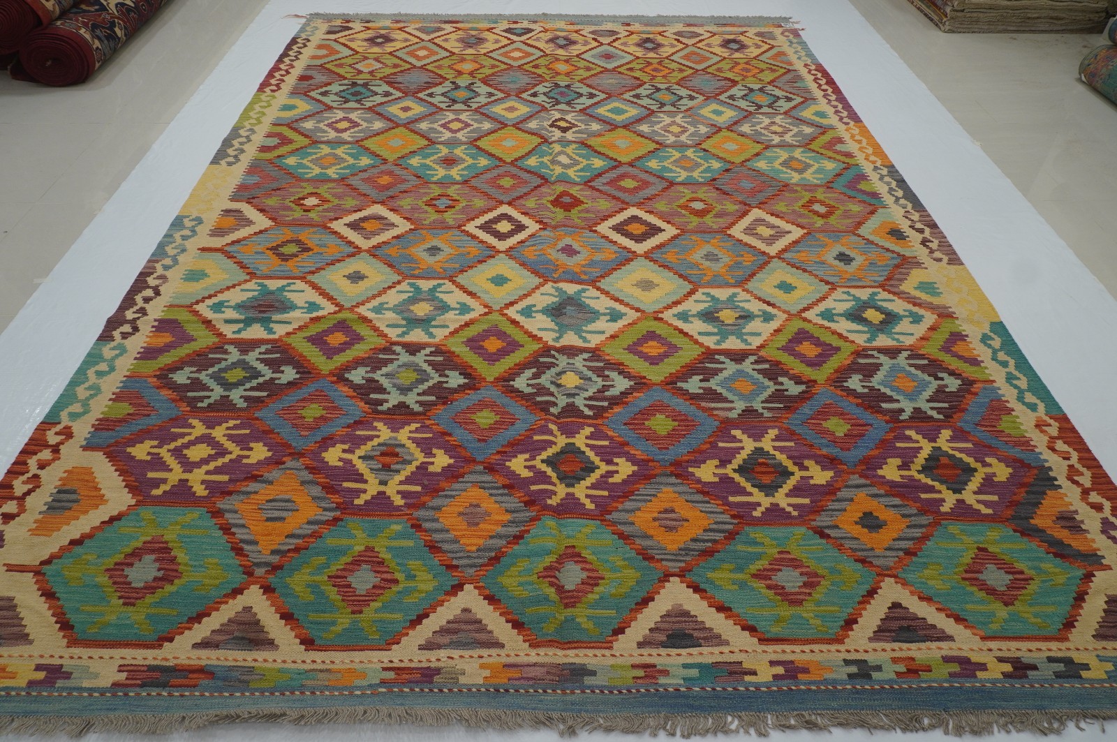 9x12 ft Multicolor Afghan Handmade Geometric Wool Kilim Area Rug ( 8'5"x11'7" ) gallery