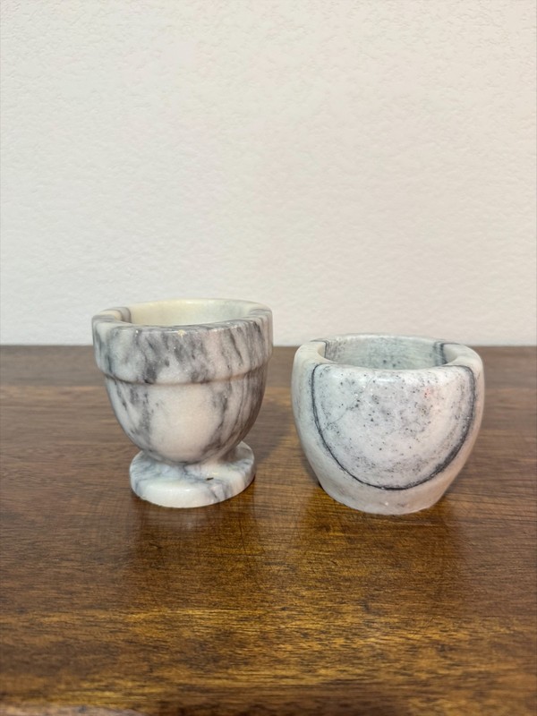 Pair Vintage Solid Marble Bowls Cups Gray Veined Stone Heavy Hand Carved Set gallery