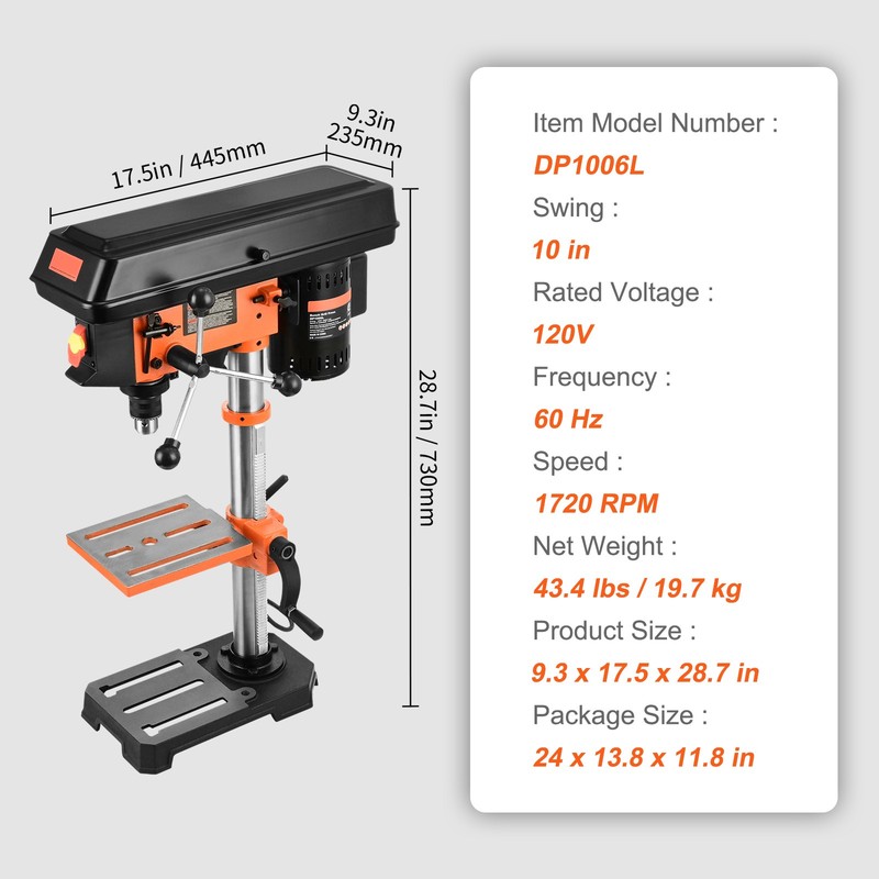 VEVOR 10-Inch 5-Speed Benchtop Drill Press Cast Iron Drill Press 3.2A gallery