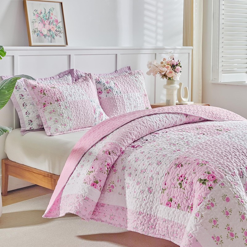 Patchwork Quilt Set Twin Size,2 Pieces Pink White Green Floral Plaid Reversib... gallery