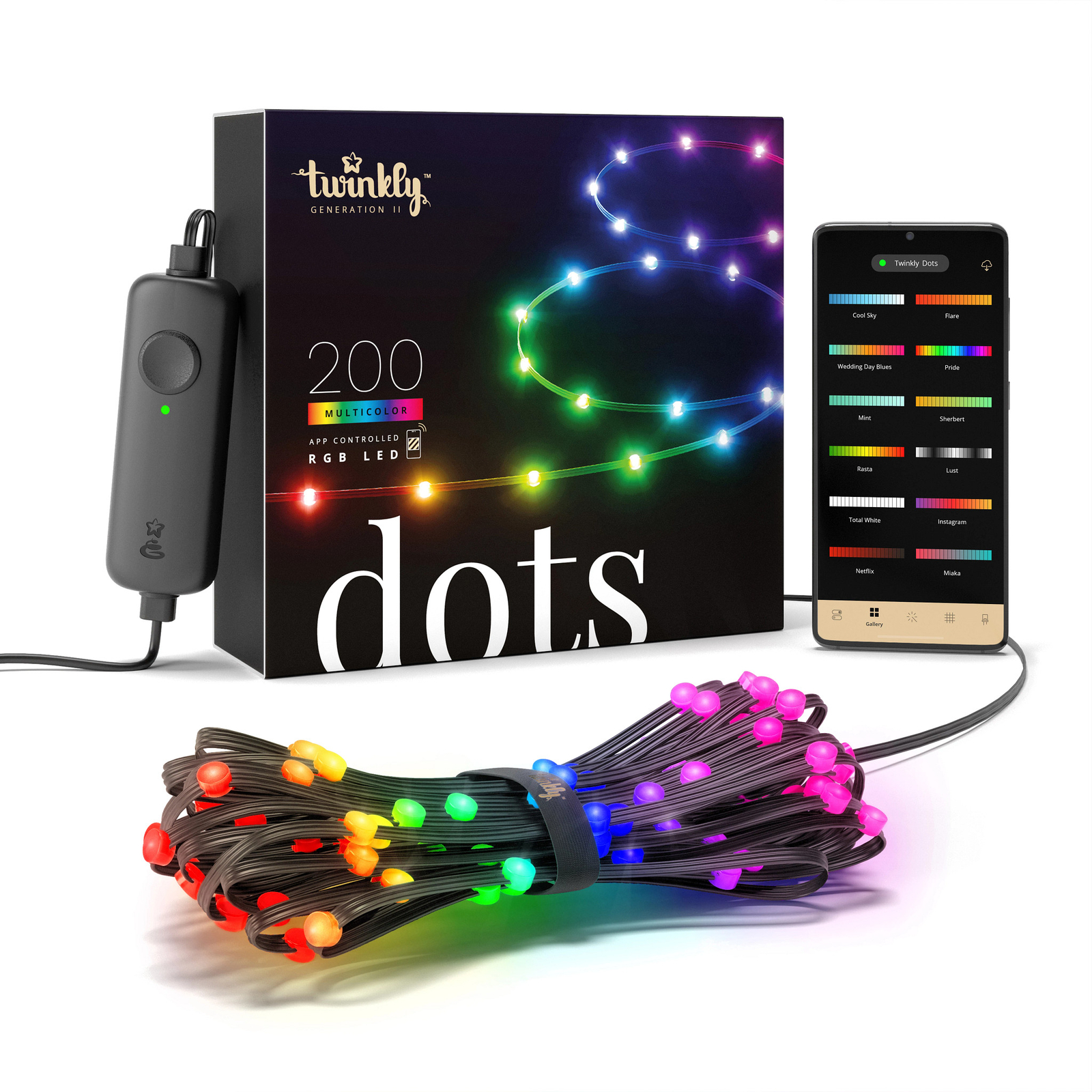 Twinkly Dots Black Wire Light String, Multicolor, 200 RGB LED, 33ft gallery