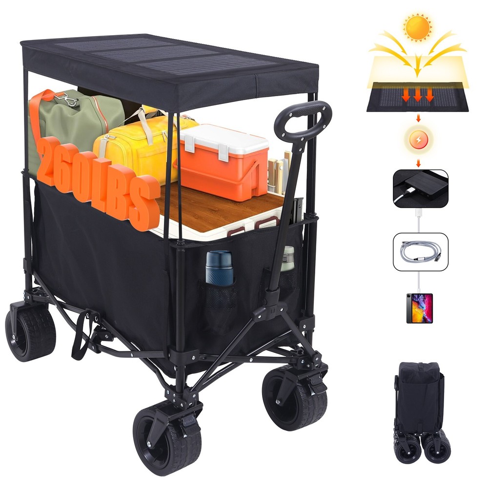 Wagons Carts Foldable, Foldable Wagon, Collapsible Wagon with Solar Panel Canopy