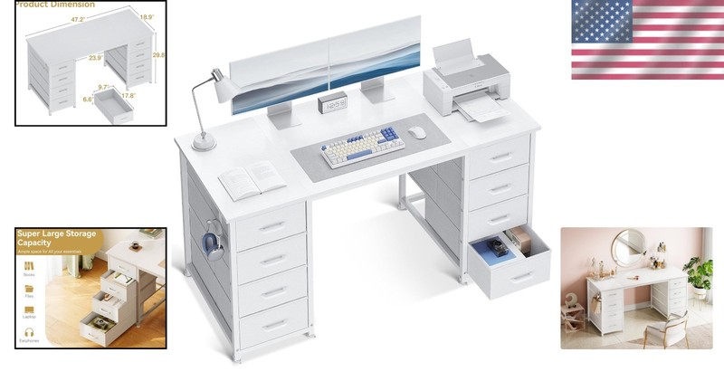 48 Inch Modern White Computer Desk with 8 Drawers & Stylish Headphone Hook gallery