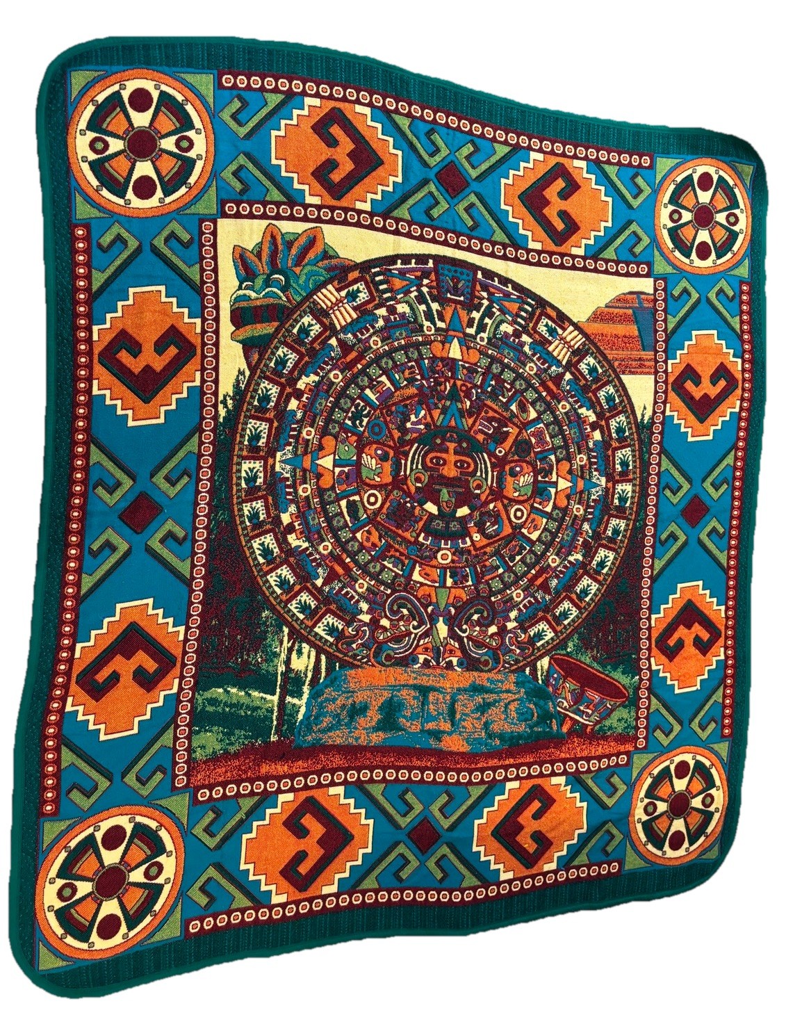 Vtg Monarca Mexico Aztec Sun Stone Calendar Blanket Tapestry Blue Queen/King gallery