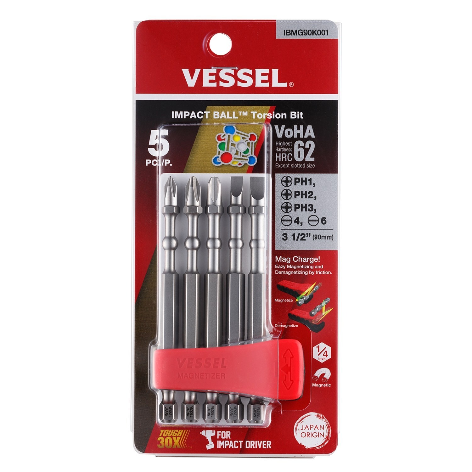 Vessel Impact Bit Set 3-1/2" 5pc JIS Like Phillips PH Flat Slot Magnetizer HRC6 gallery