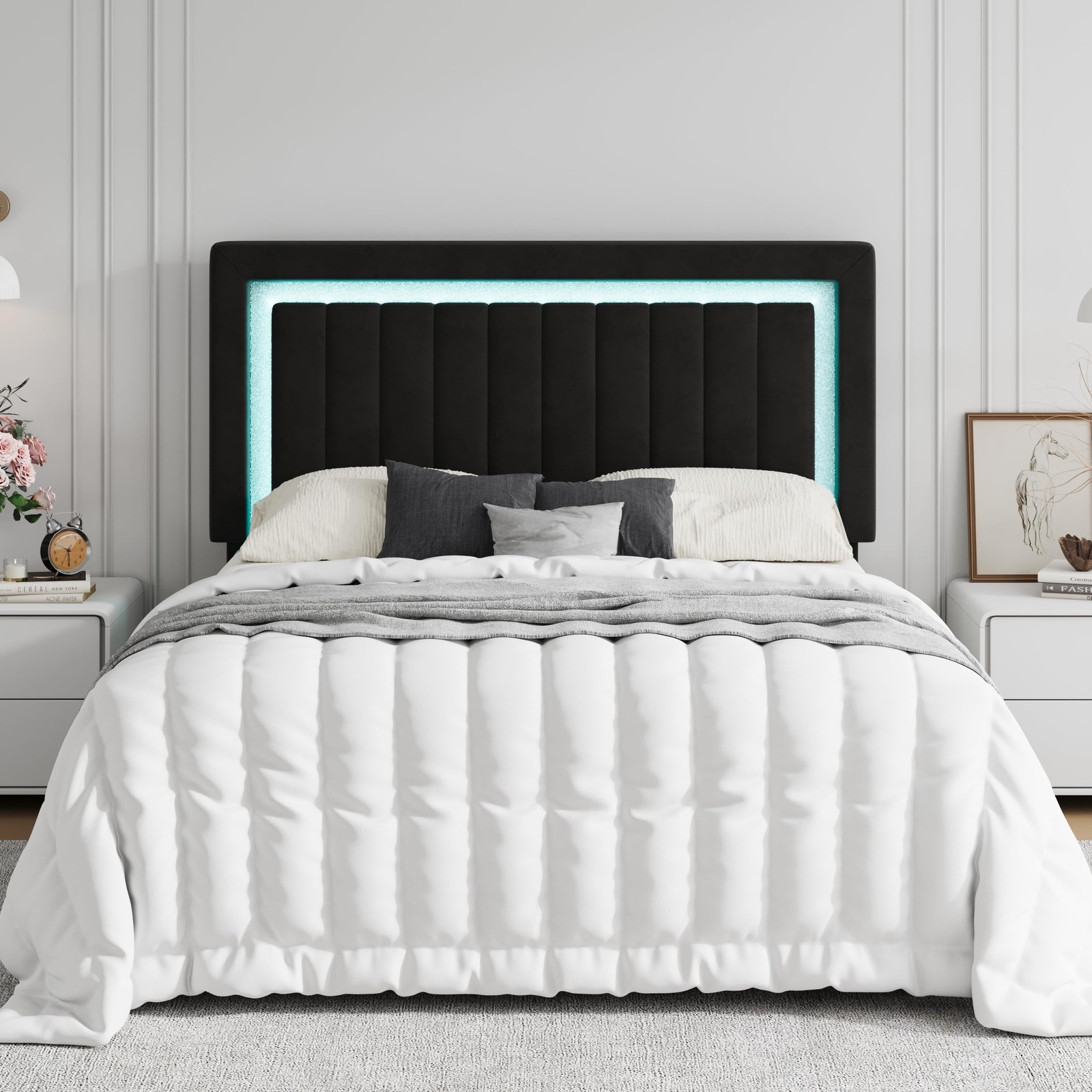 Sha Cerlin Queen Velvet Bed Frame LED Light Tufted Headboard Black gallery