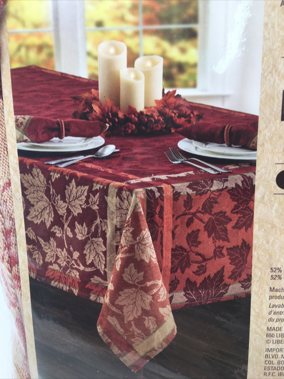Mendocino Rust Copper Windowpane Plaid Leaf Fabric Tablecloth, 70" Round gallery
