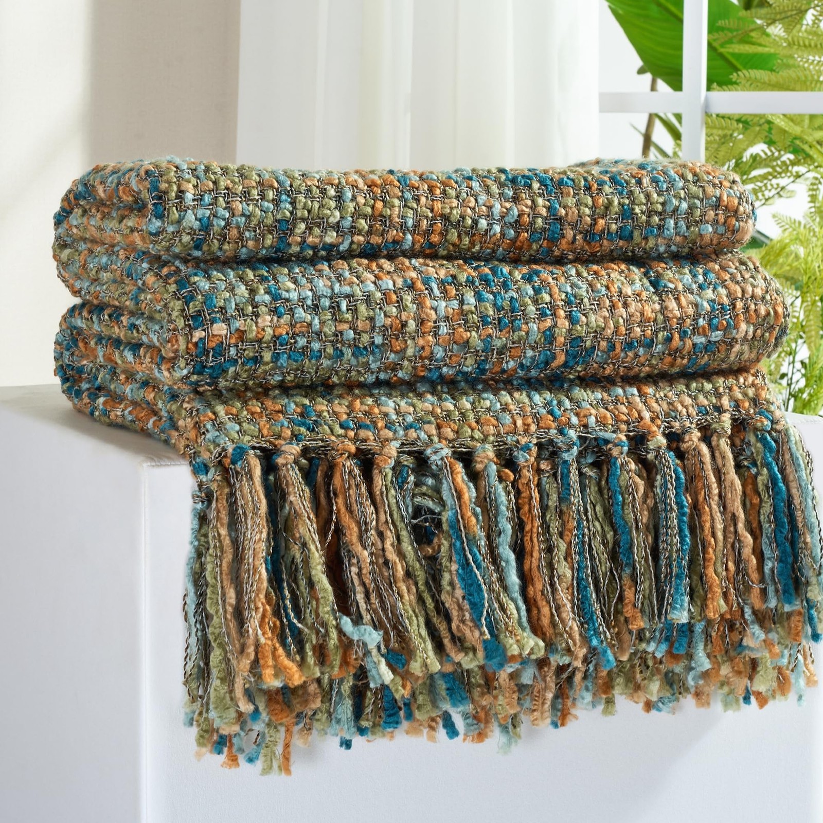 Multi-Color Gold Green Cable Woven Throw Blanket for Couch,50"X60" Boho Style... gallery
