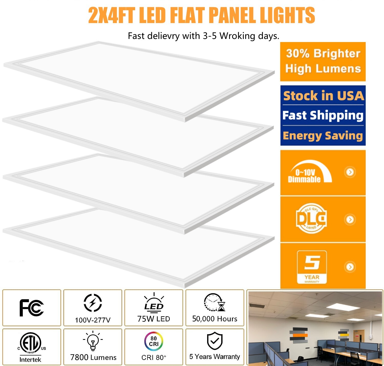 4PCS 2x4FT Drop Ceiling LED Troffer Panel Daylight 5000k Flat Panel Recessed 75W gallery