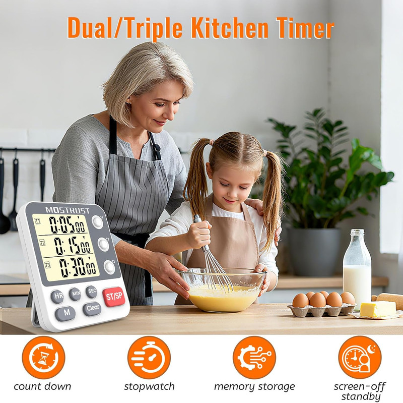 Digital Dual Kitchen Timer, 3 Channels Countdown Triple Timer for Cooking, Magne gallery