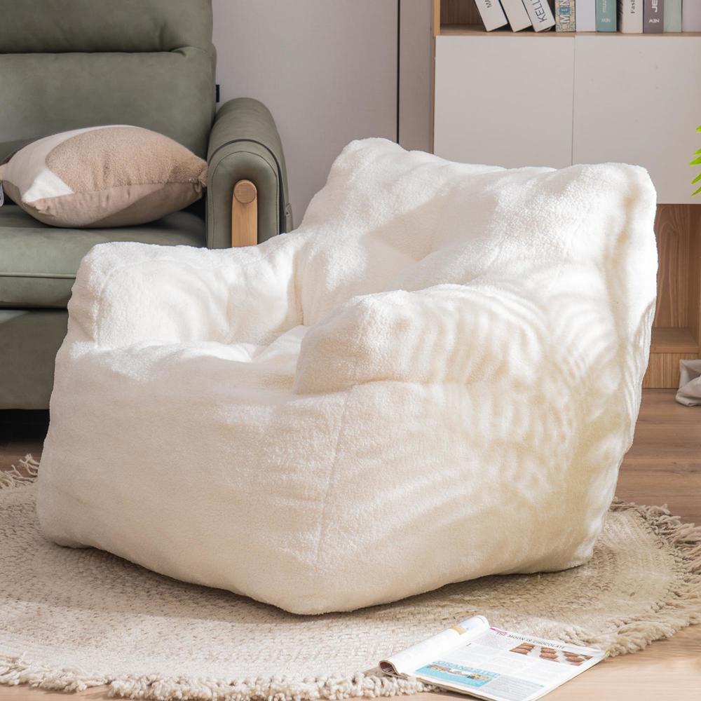 White Soft Tufted Bean Bag Reading Relaxing Sofa Leisure Chair w/ Teddy Fabric gallery
