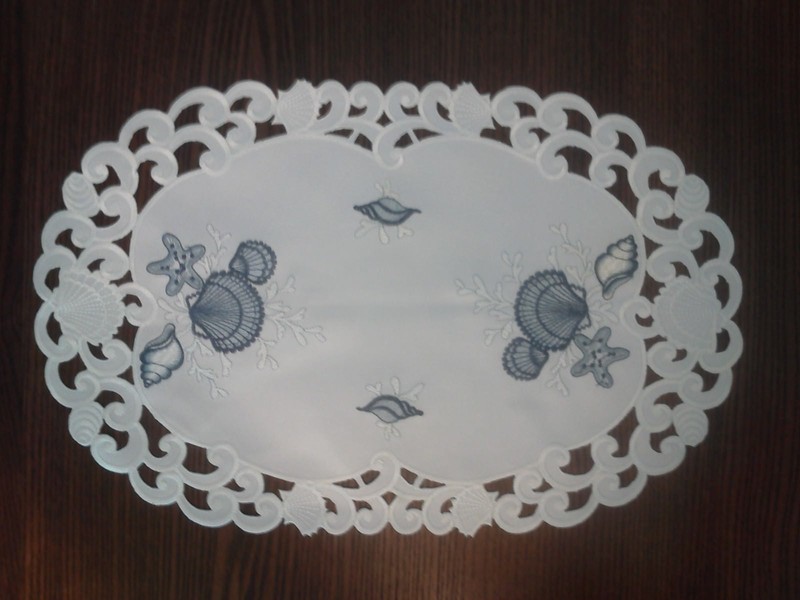 Doily Boutique Table Runner, Doily, Mantel Scarf with Blue Seashells on White gallery