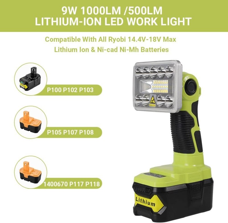 Cordless LED Work Light Flashlight for Ryobi 18V One+ Li-ion Battery 9W 1000LM gallery