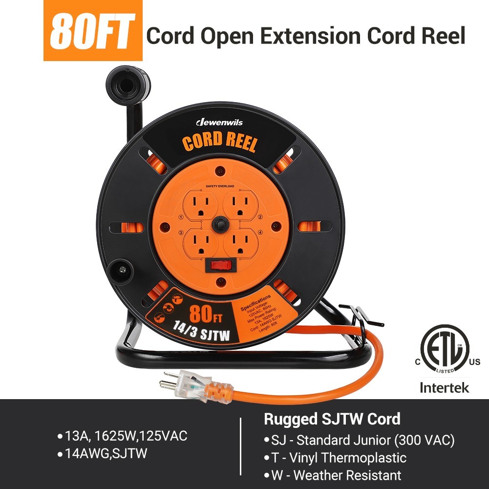 DEWENWILS Retractable Power Cord Reel with 4 Plugs, 13A Circuit Breaker, Metal gallery