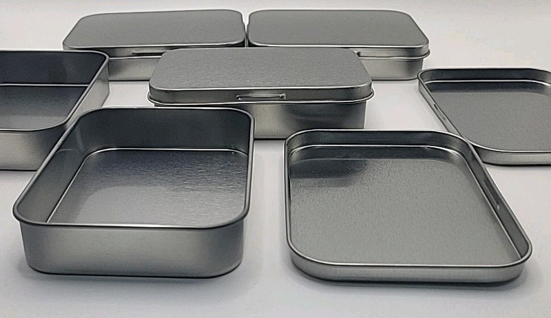5 NEW Rectangular Plain Tin Containers w/Lids FDA Approved 3.75x2.75x0.75 gallery