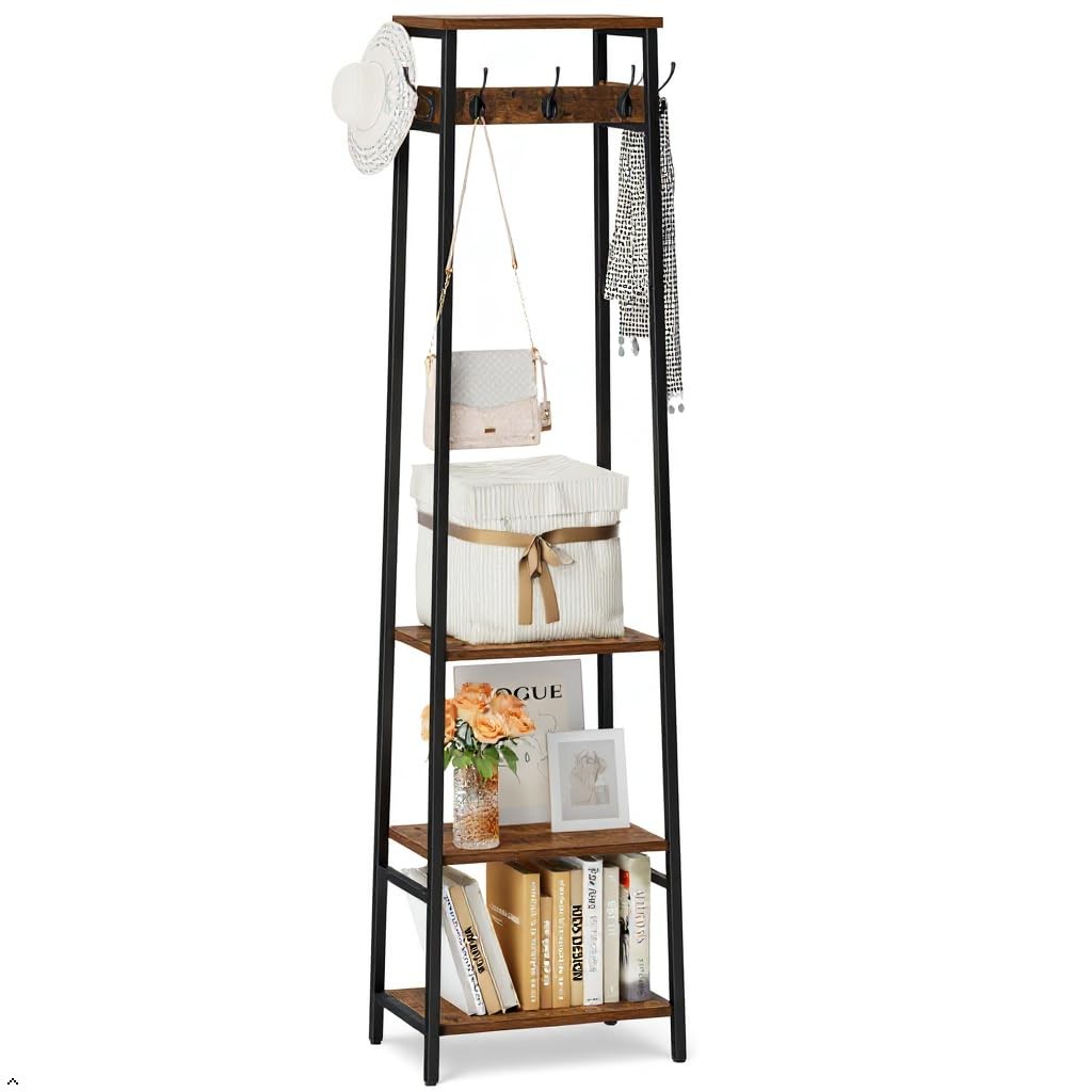 Rustic Brown/Black Freestanding Coat Rack Stand 3 Shelves 7 Hooks Hall Tree gallery