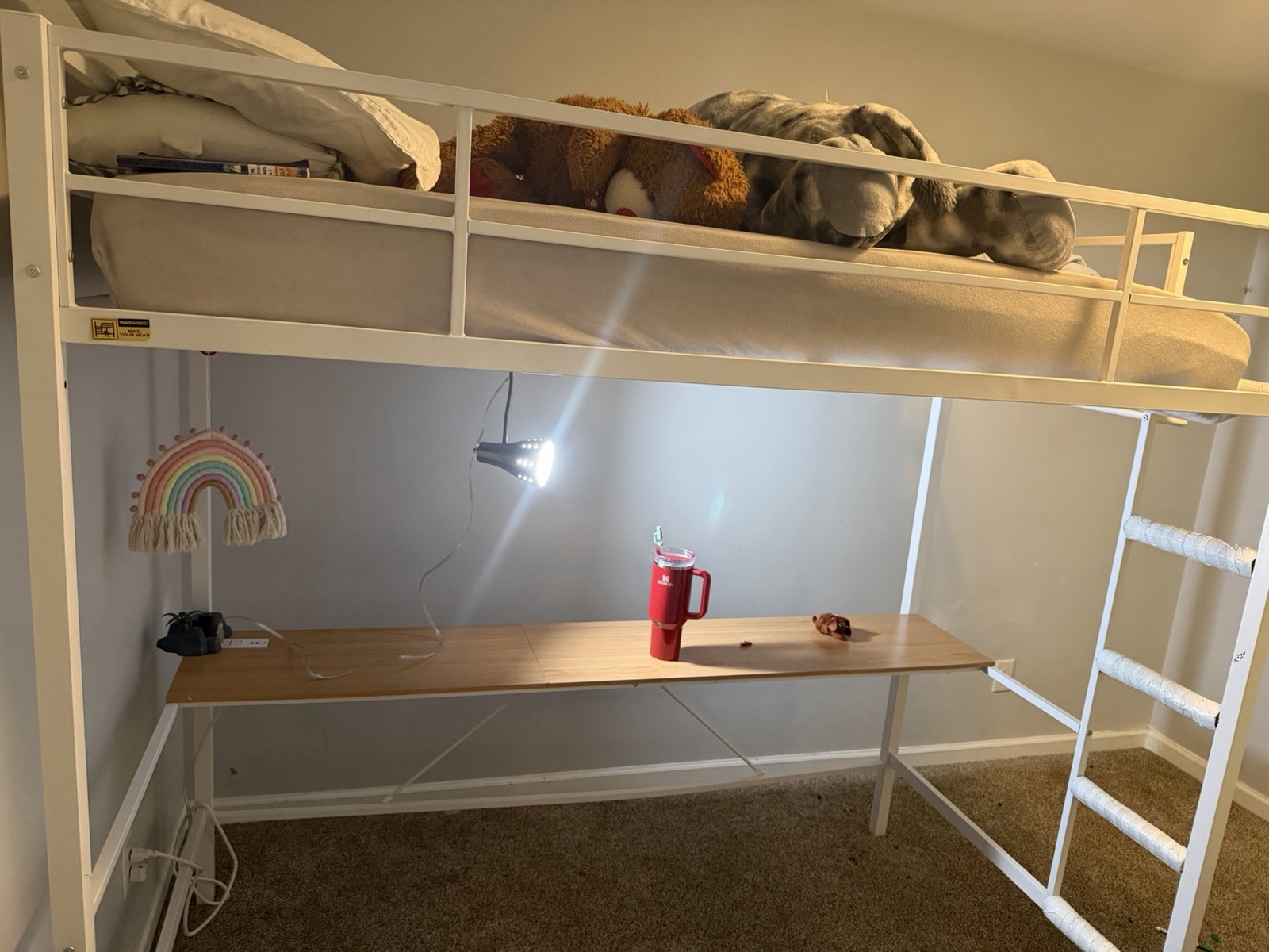 White Metal Twin Loft Bed Frame, Painted Finish, Solid, Built-In Ladder gallery