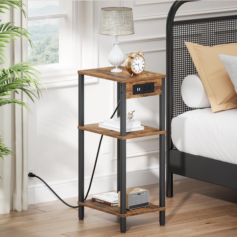 Side Table with Charging Station Narrow End Table Storage Bedside Nightstand gallery