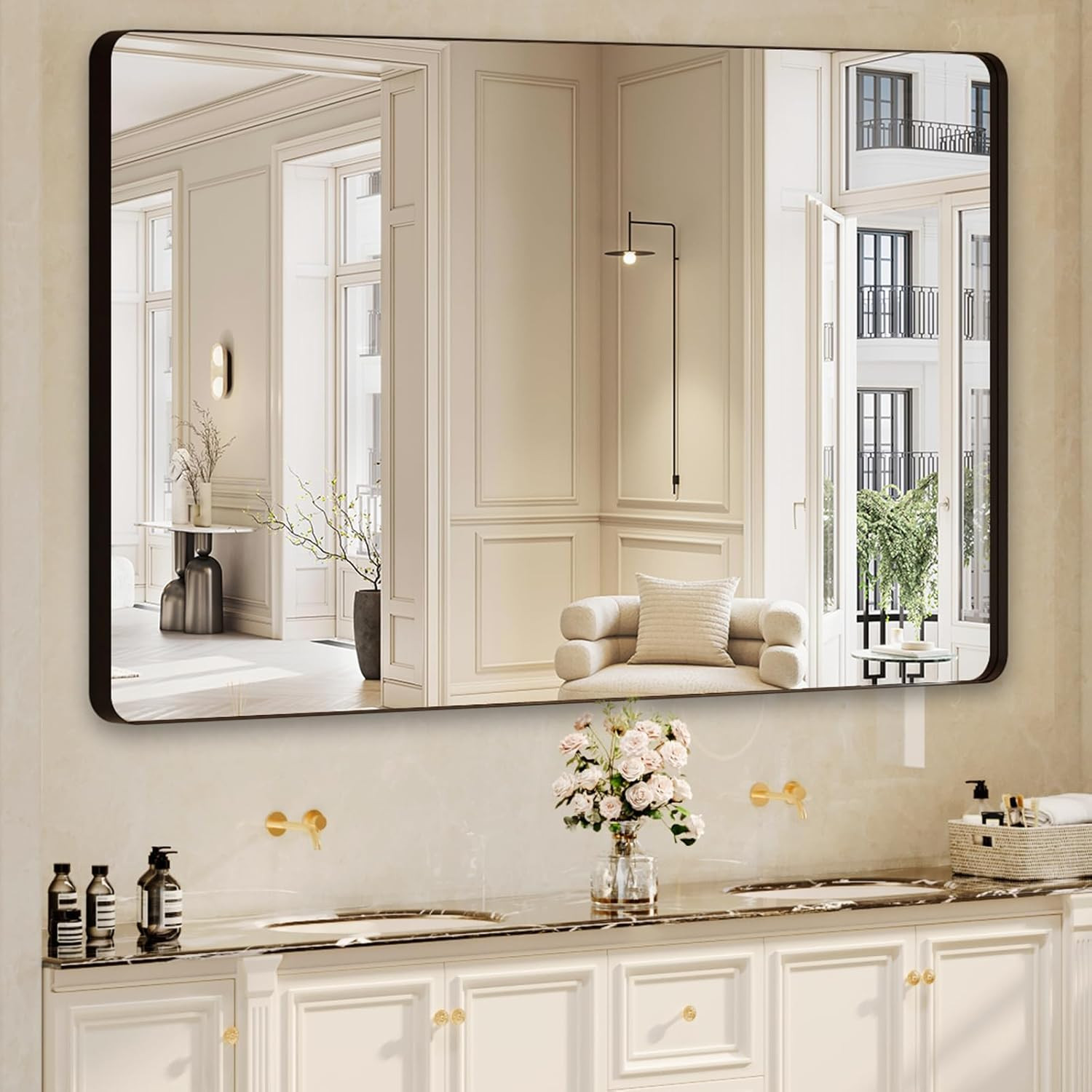 60x36 Inch Black Metal Frame Bathroom Mirror - Versatile Horizontal/Vertical Des gallery