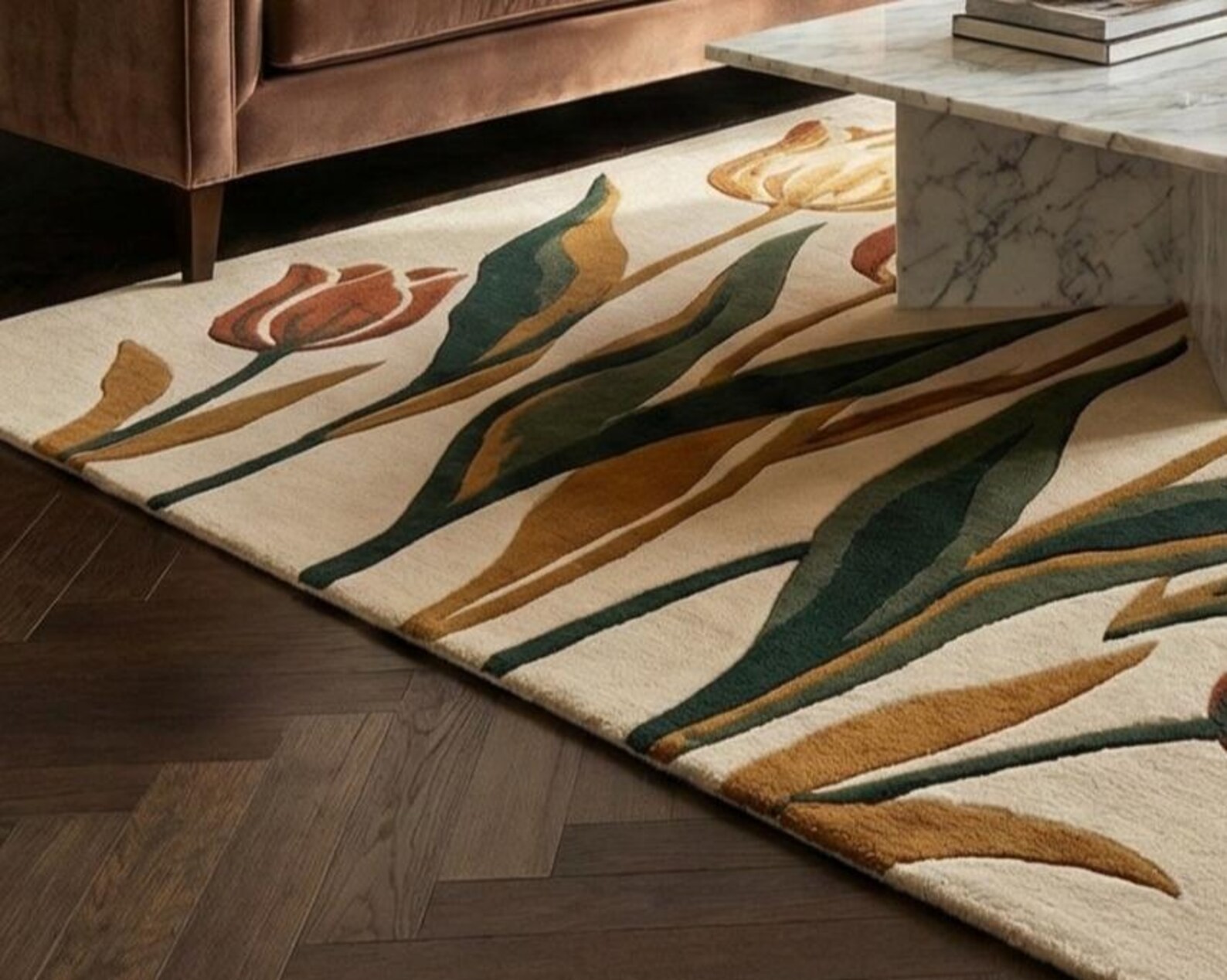 Hand Tufted Wool Rug 3D Floral Tulip Textured Terracotta Green Cream Area Rug gallery