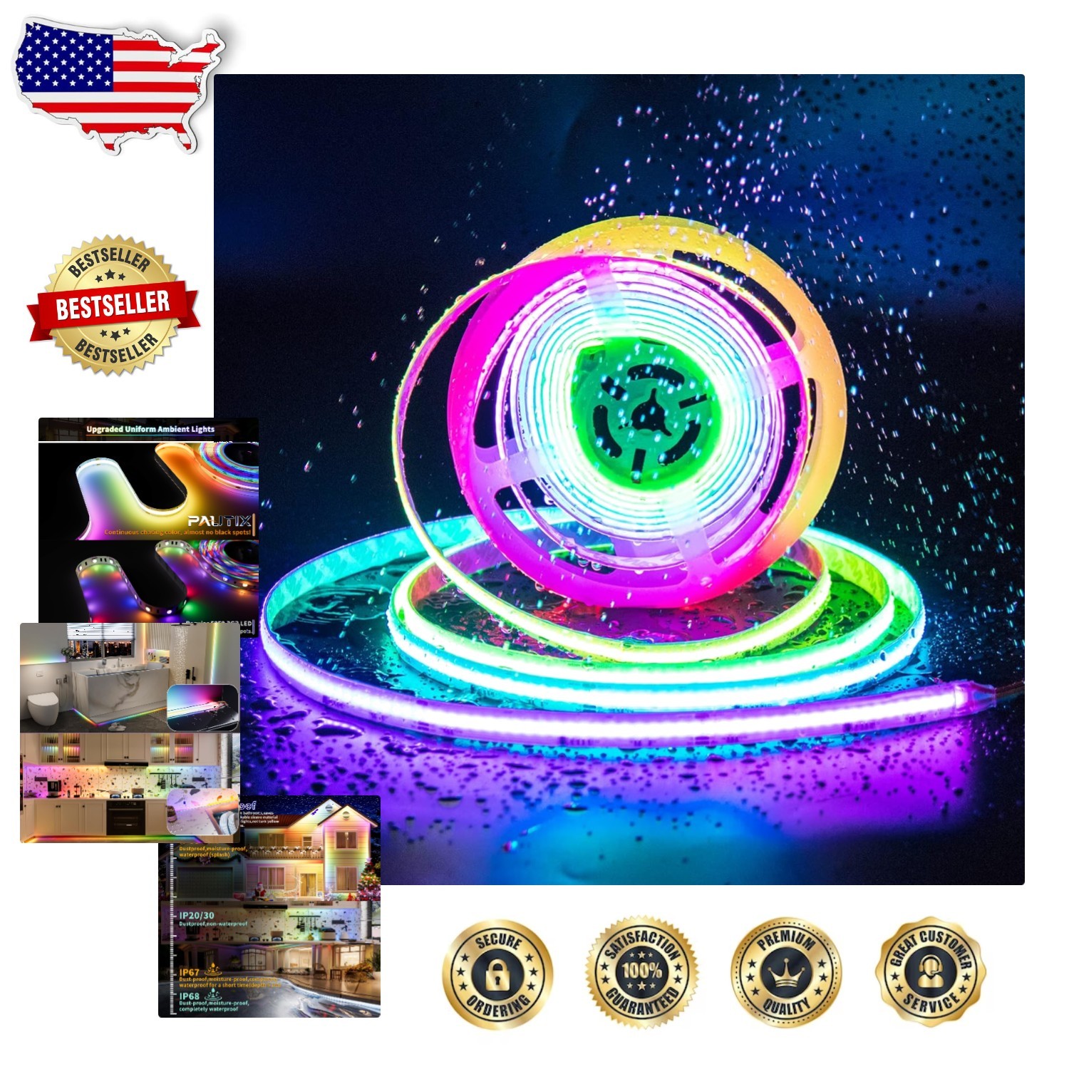 Addressable RGB COB LED Strip Light 24ft - Waterproof, Smart IC, 24V, Wi-Fi ... gallery
