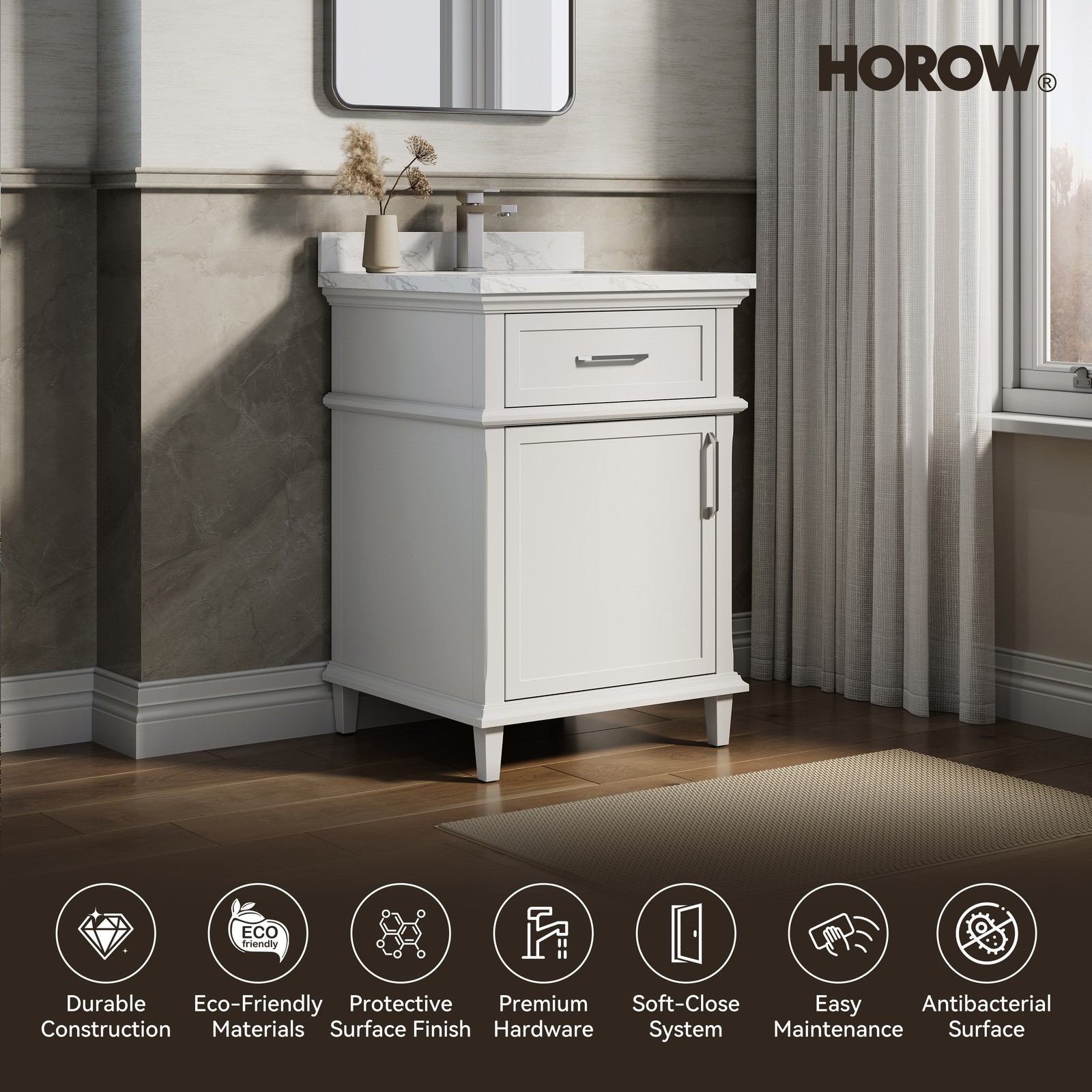 HOROW 24 Inch Bathroom Vanity with Sink, Wood Frame with Mable Top & Backspalsh gallery