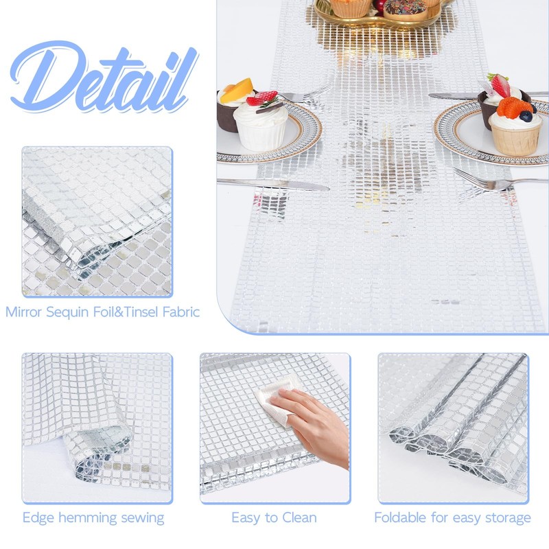2 Pack 12x108 Inch Disco Table Runner, Silver Mirror Sequin, Glitter Foil gallery