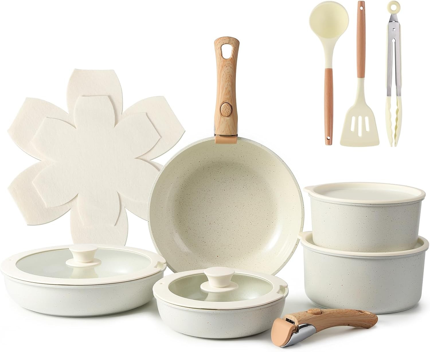 15PCS Ceramic Cookware Sets Detachable Handle Pots & Pans Set Non Stick White gallery
