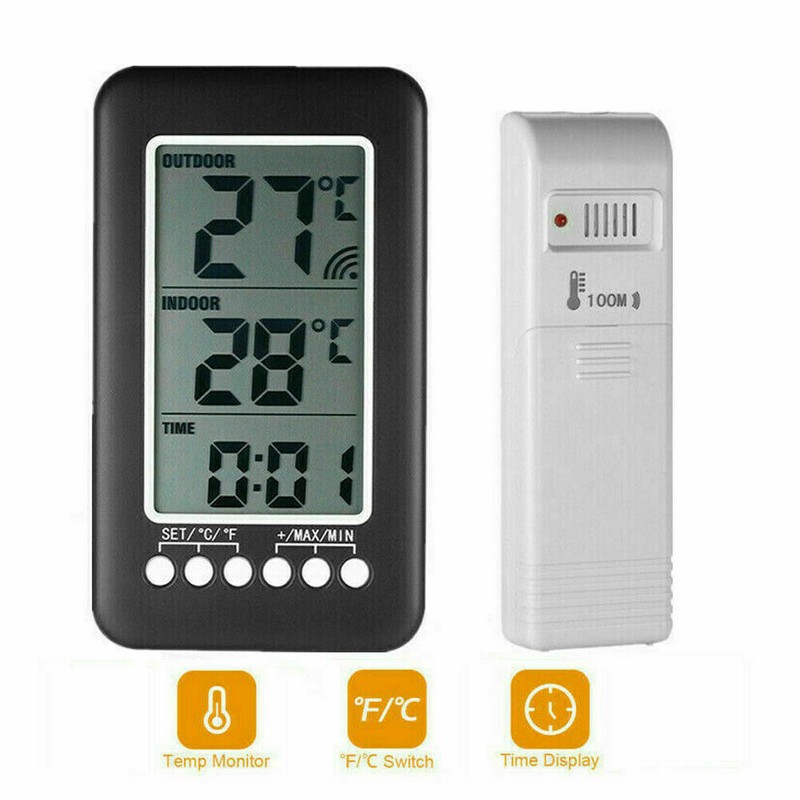 Digital Thermometer Clock Temperature Indoor/Outdoor Wireless Transmitter Meter gallery