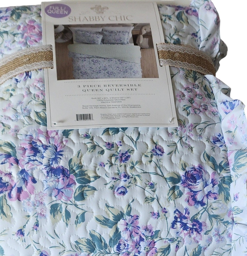 Shabby Chic, Reversible, Violet/Blue Floral, Ruffles QUEEN Quilt & Sham Set