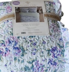 Shabby Chic, Reversible, Violet/Blue Floral, Ruffles QUEEN Quilt & Sham Set