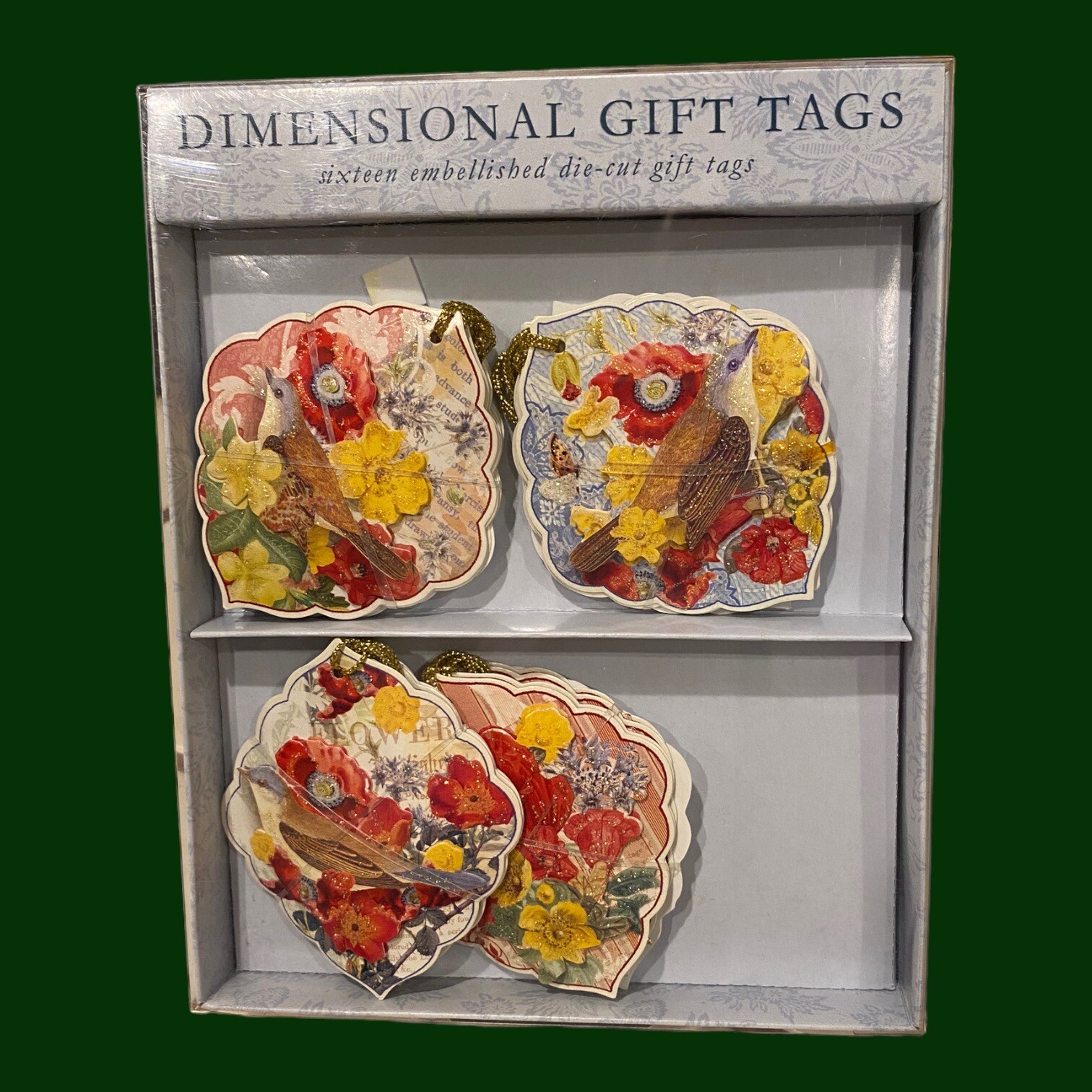 Punch Studio Dimensional 3D Die Cut Glitter Gift Tags Birds & Flowers 93704 NIB gallery
