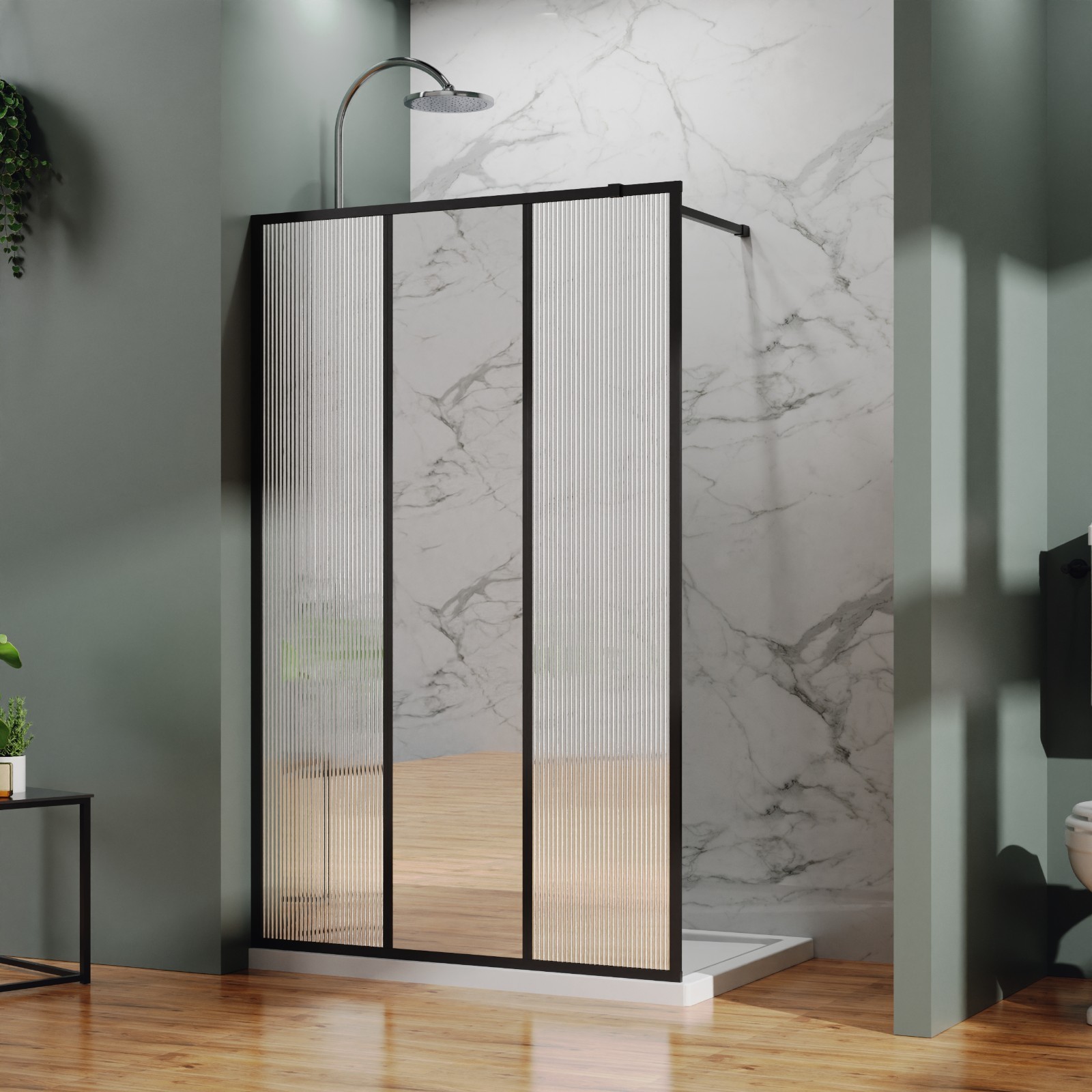 46"Wx72"H 3-Panel Fixed Shower Door, Center Mirror+Fluted Glass, 5mm Tempered, B gallery