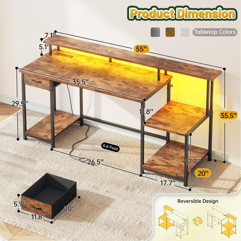 Home Office Study Table Work Computer Gaming Desk with Drawer & LED,Rustic Brown gallery