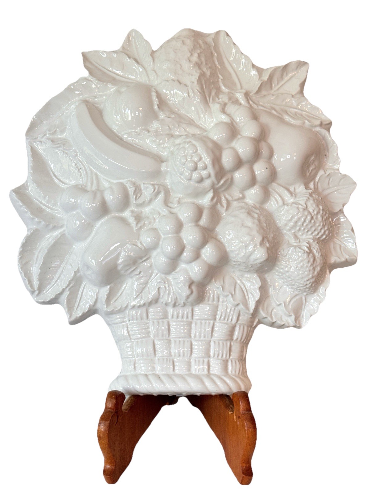 Italian White Ceramic Bas-Relief Fruit Basket, Blanc De Chine Wall Hanging 13x11 gallery