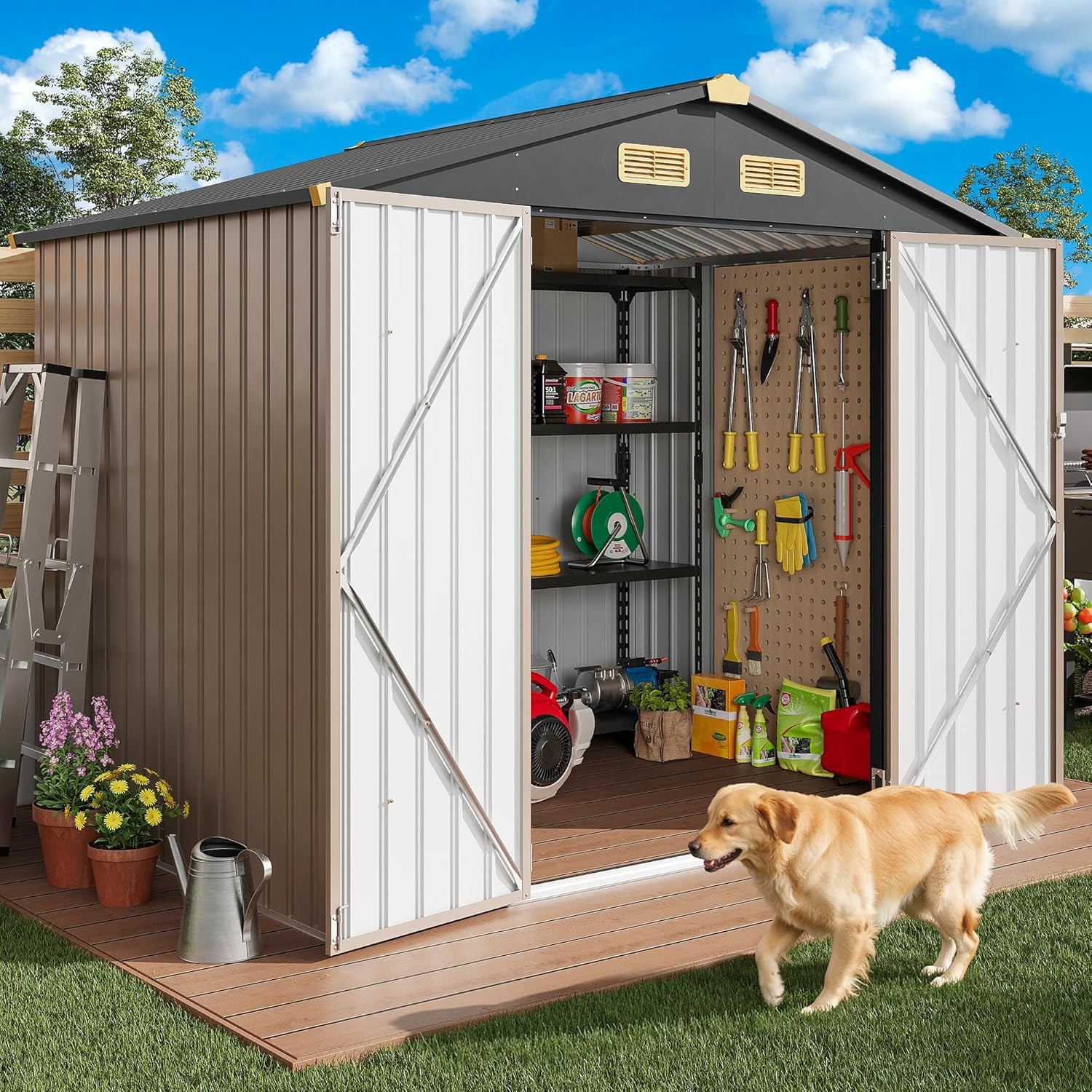 8X6Ft Outdoor Storage Shed with Lockable Doors, 7.4X5.3Ft Base Galvanized Steel gallery