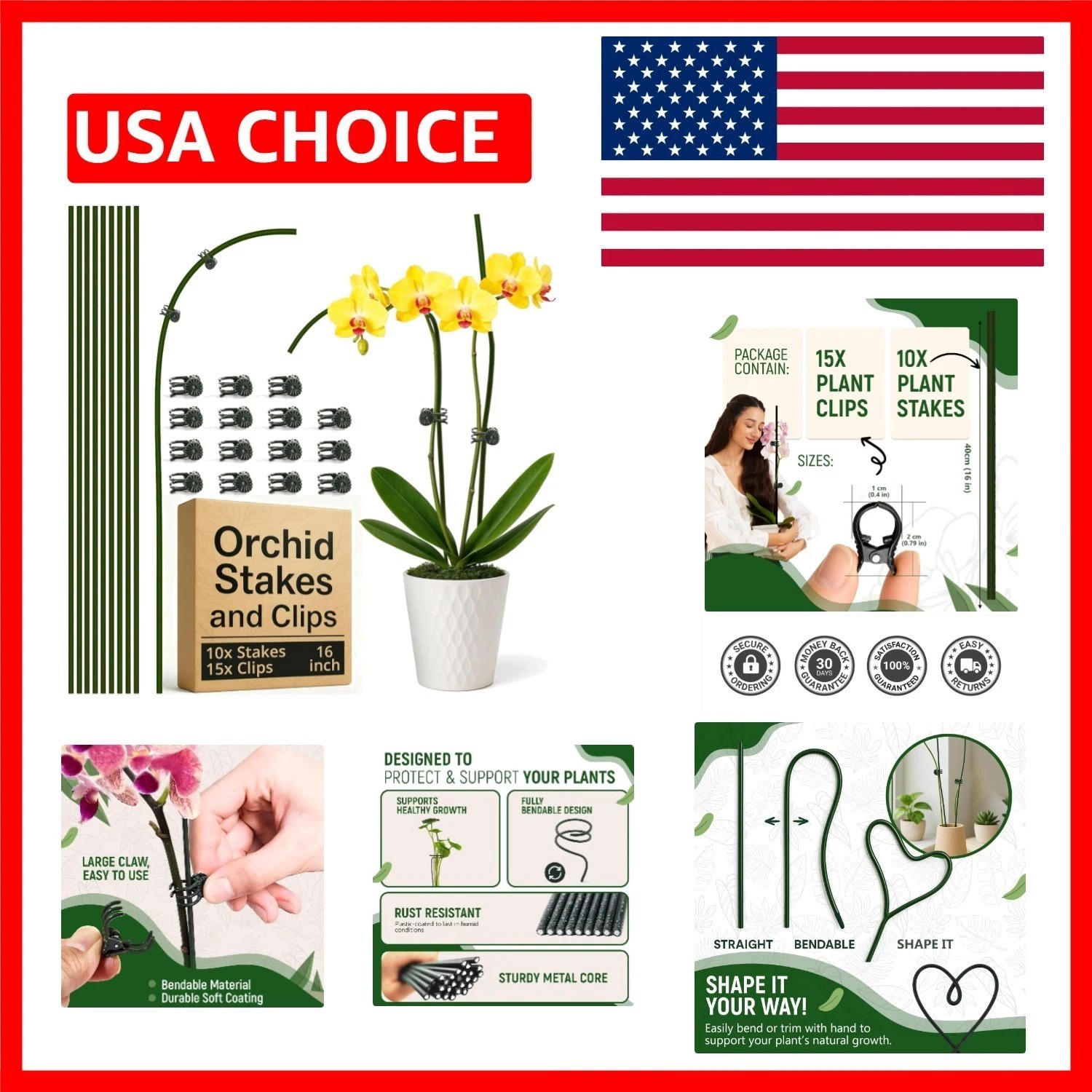 16-Inch Plant Support Stakes - 10Pcs Green Clips for Indoor & Outdoor Plants gallery