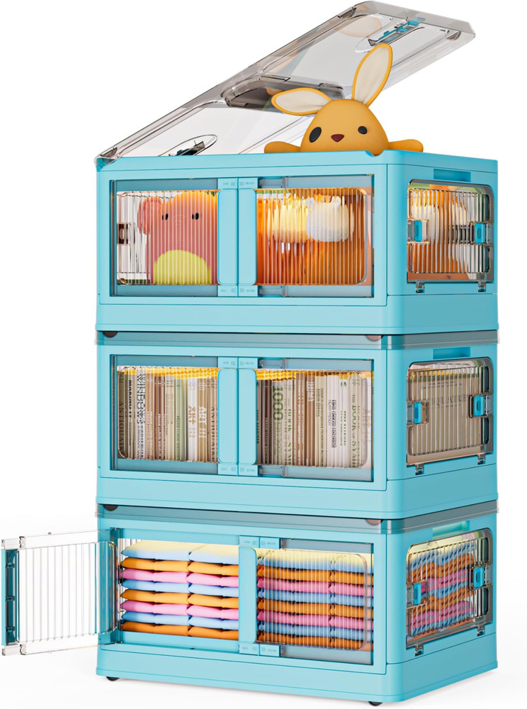 3-Tier Stackable Storage Bins with Lids & Wheels Foldable Closet Organizer Box