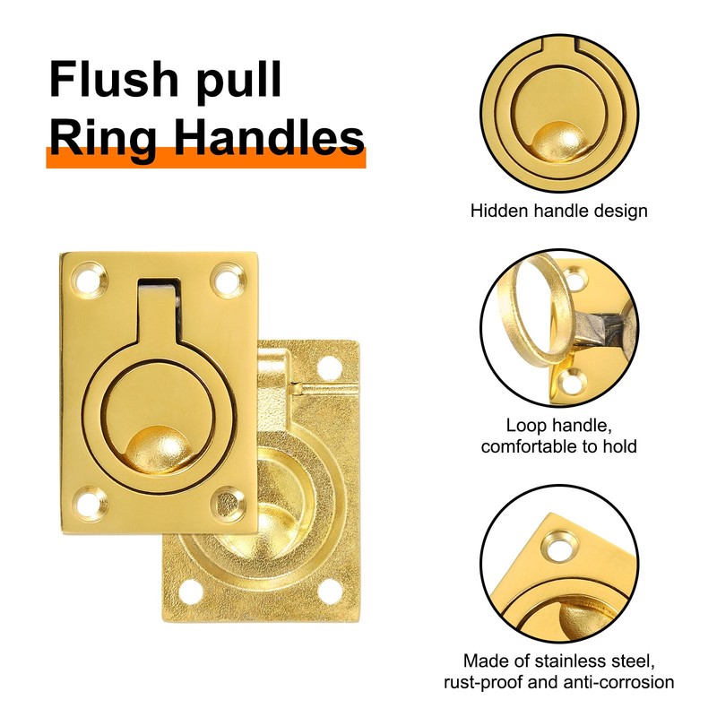 Flush Ring Pull 2.48"x1.73" Square Recessed Door Pull with Screws Brass gallery