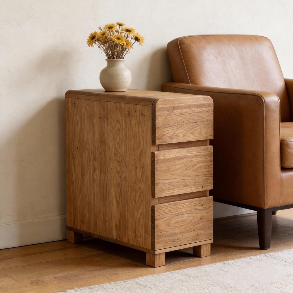 Solid Wood End Table, Rustic Farmhouse Narrow Side Table 3-Drawer Sofa Table