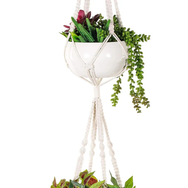 2-Tier Macrame Plant Hanger Handmade Cotton Rope Hanging Planter for Outdoor gallery