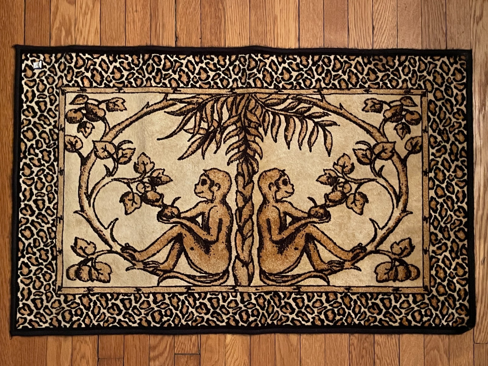 Tapestry Rug Wall Hanging 2 Monkeys Eating Fruit Leopard Print 38 by 23 1/2 inch gallery