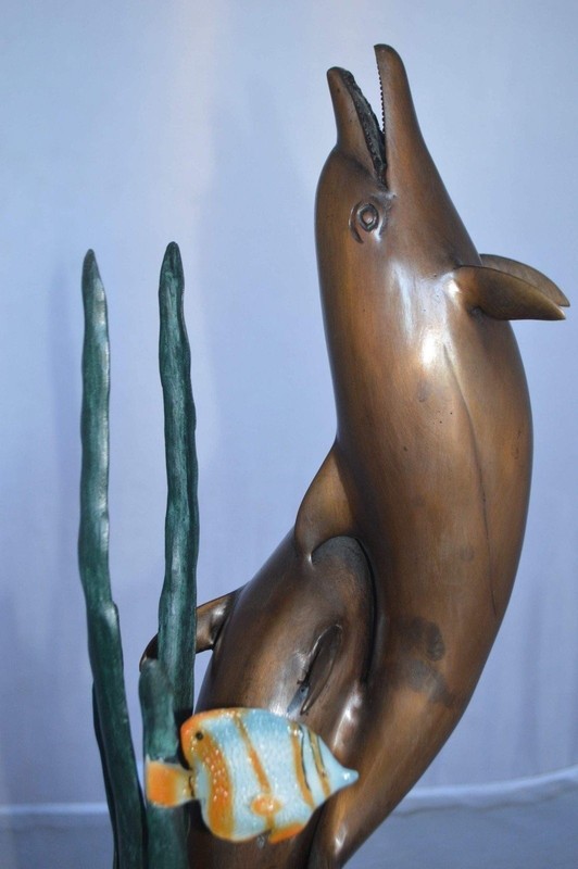 Two Dolphins with fish, table top bronze statue. - Size: 8"L x 8"W x 22"H. gallery