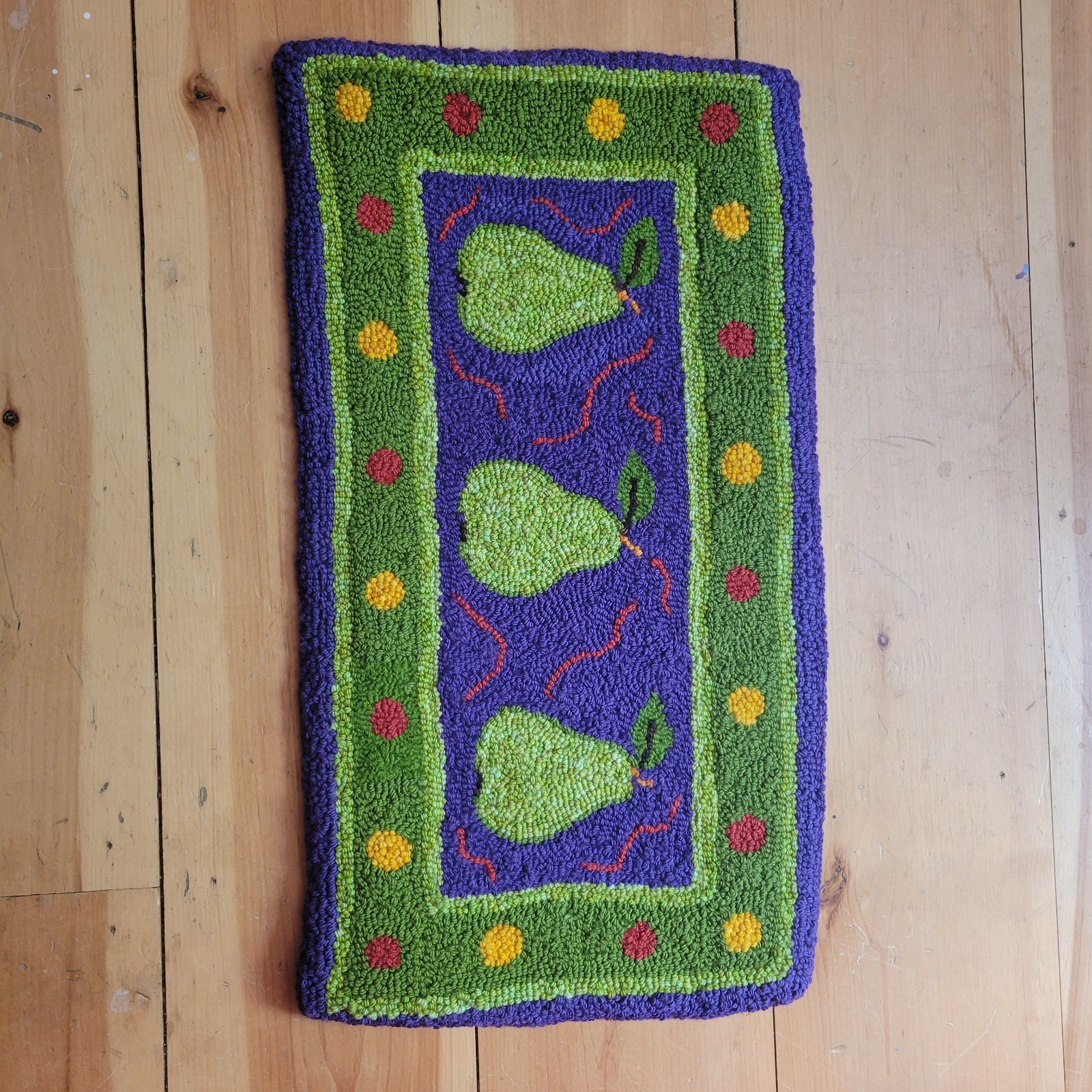 Punch Needle Hand Made ! Wool Pear Fruit Door Mat 18x30 Green Purple Yellow Red gallery