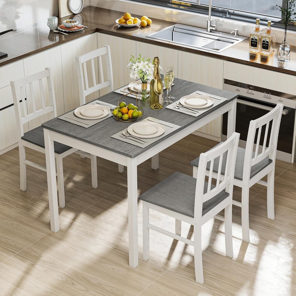 5-Piece Dining Table Set for 4, Solid Wood Farmhouse Rectangular Kitchen Table