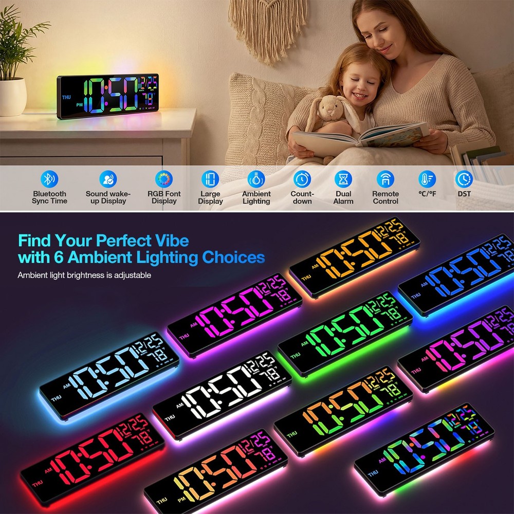 16'' Large Digital LED Wall Clock with Remote Control Dual Alarm 8 RGB Bluetooth