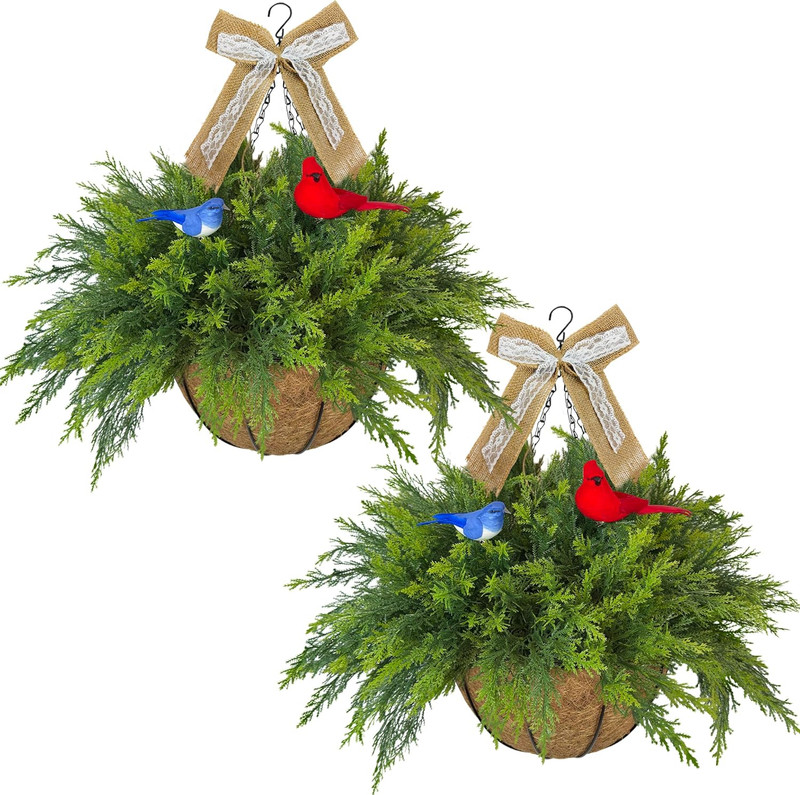 2 Pack Artificial Hanging Plant Baskets Faux Ferns with Birds Outdoor Decor gallery