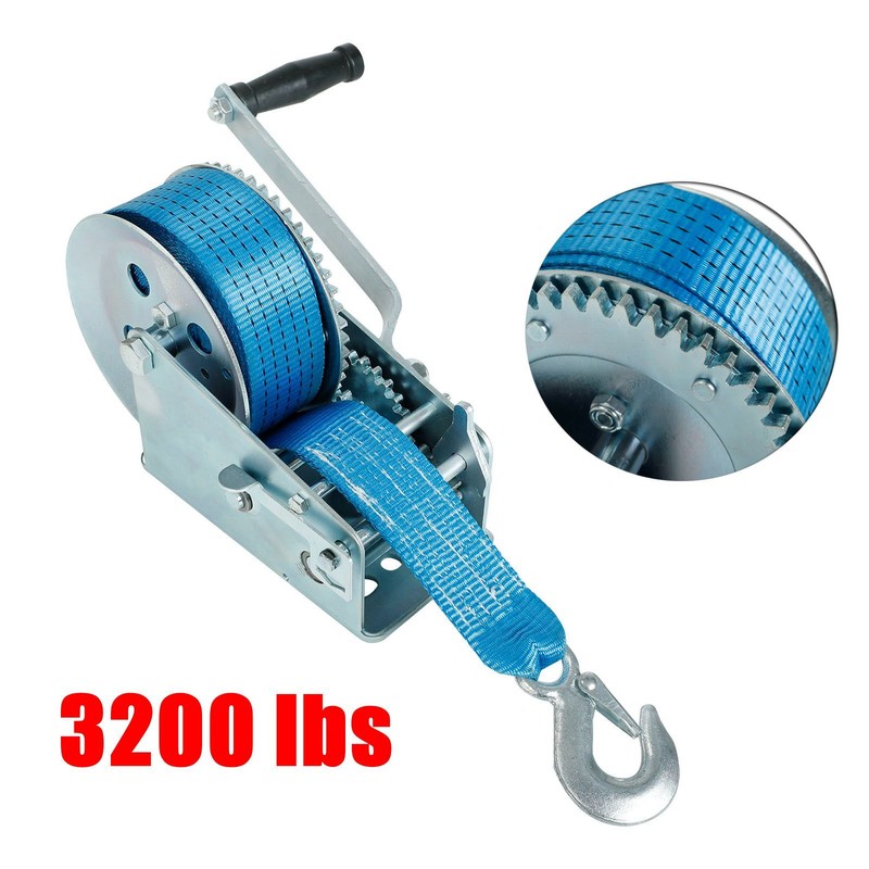 3200lbs Hand Winch Polyester Strap 2 Gear Crank Boat ATV Trailer RV Blue gallery