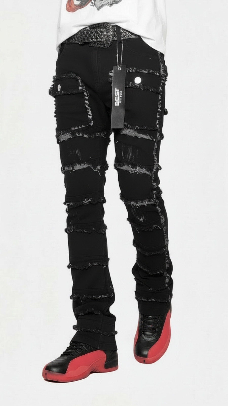Statement Layered Distressed Jeans - Best Fitted Black Stack with Fringe Detail gallery