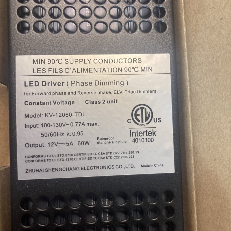 Intertek LED Driver KV-12060-TDL, Driver 12V 5A Output 100-130V gallery